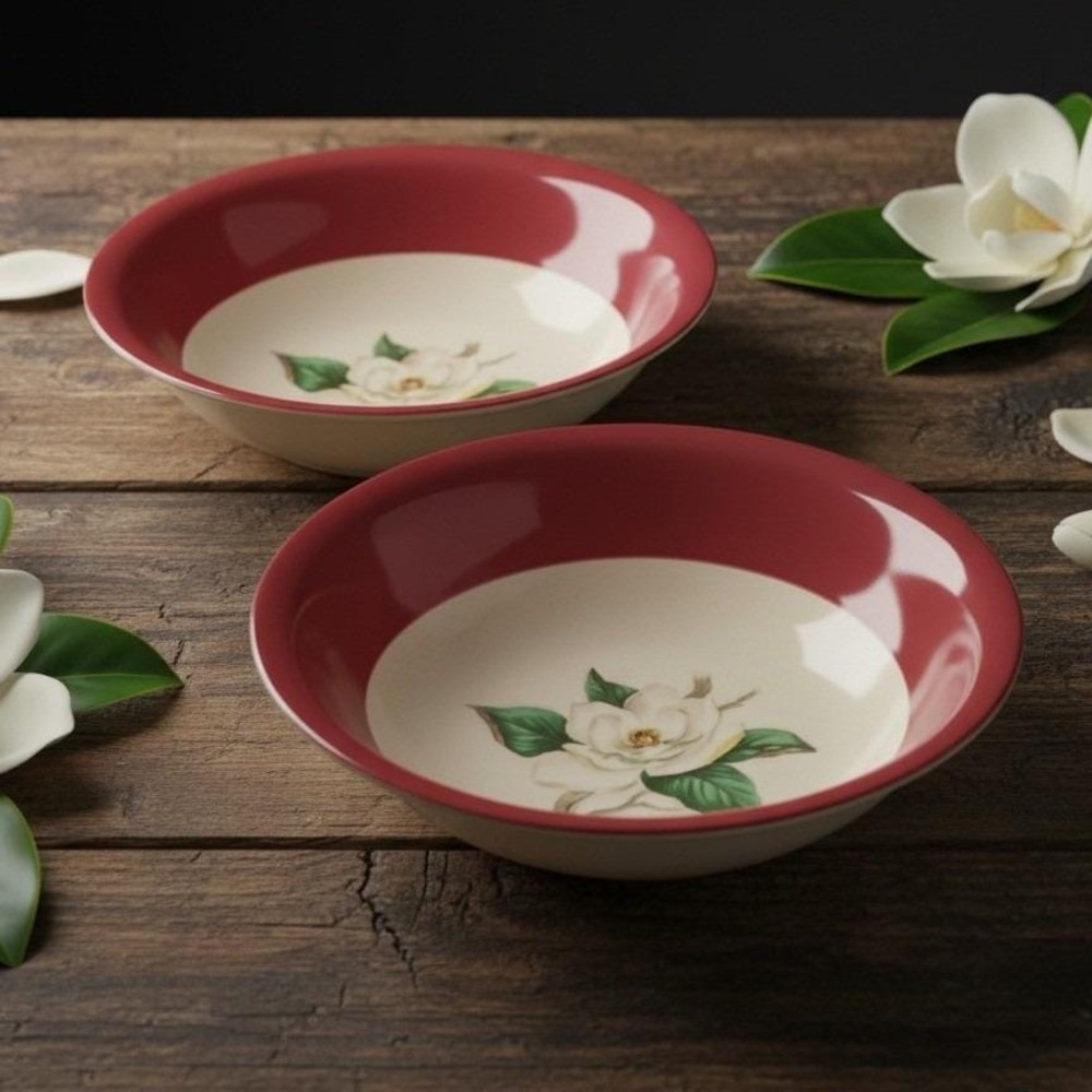 Homer Laughlin Lifetime China Burgundy Magnolia Berry Bowls, Set of 2 Dinnerware